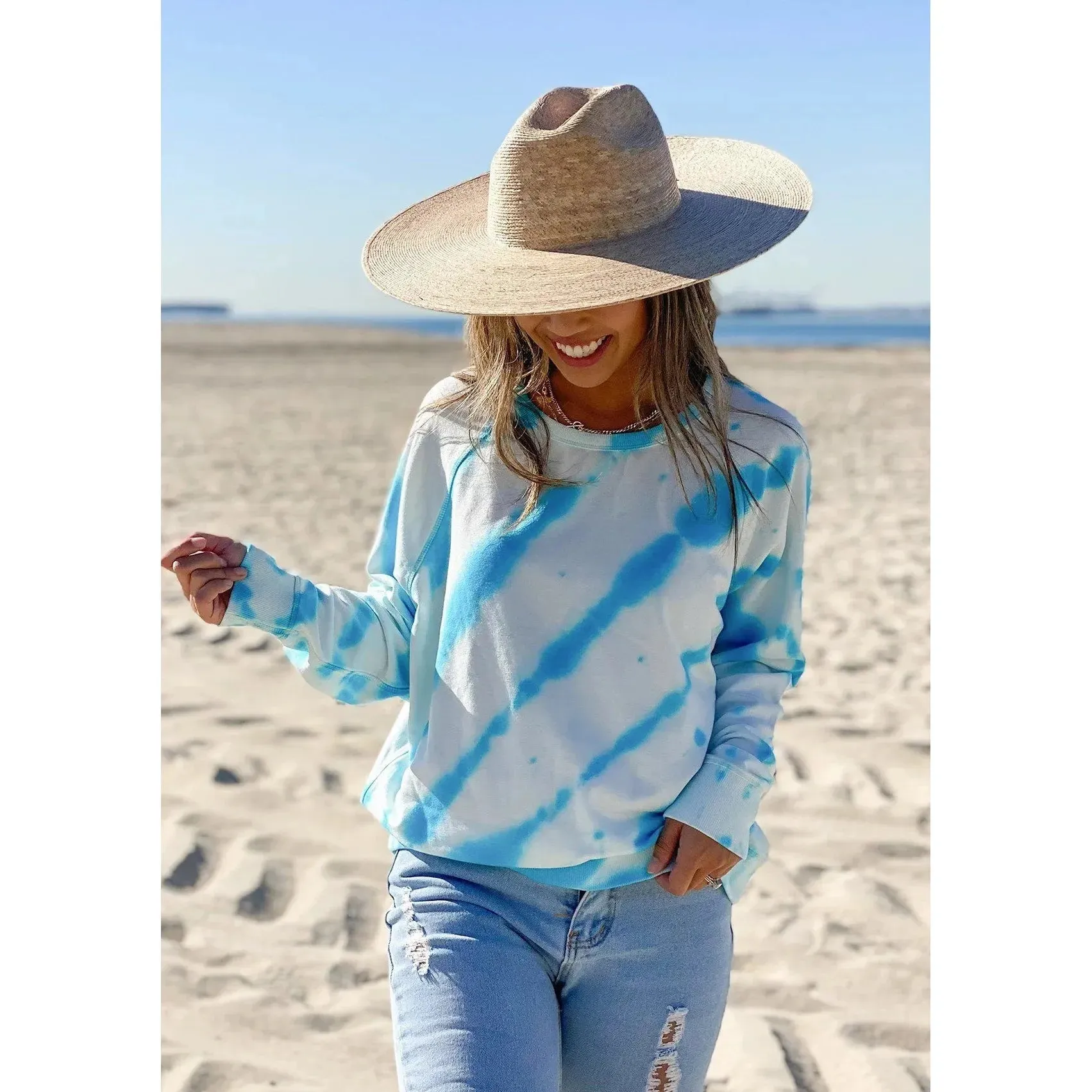 Addie Soft Tie Dye Sky Blue Lovestitch Crewneck Sweatshirt-SALE