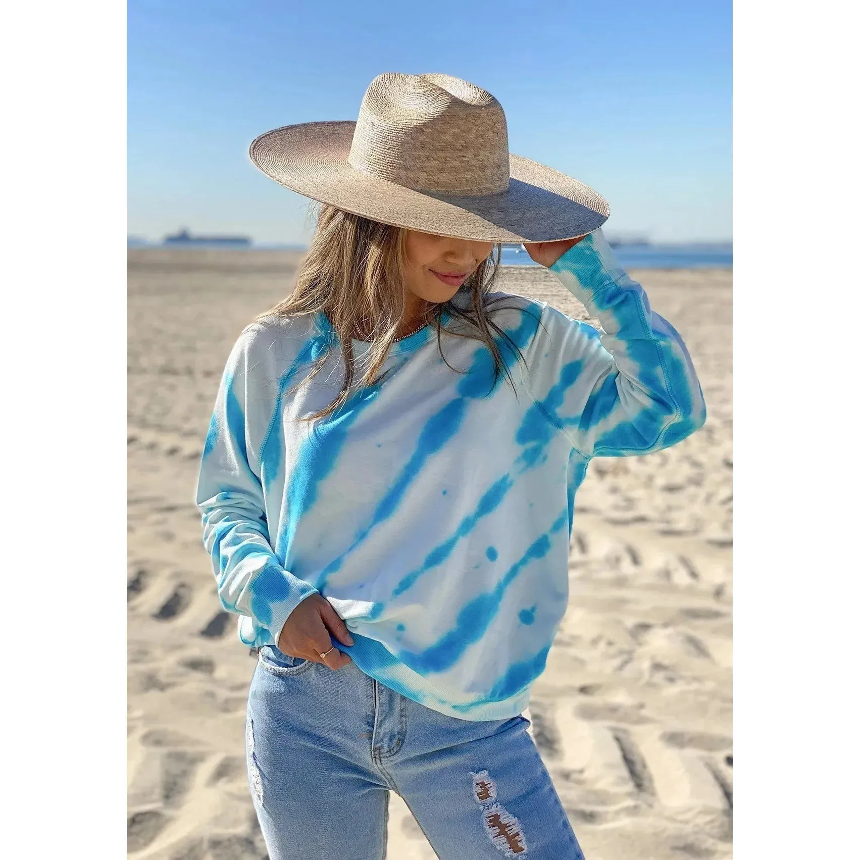 Addie Soft Tie Dye Sky Blue Lovestitch Crewneck Sweatshirt-SALE