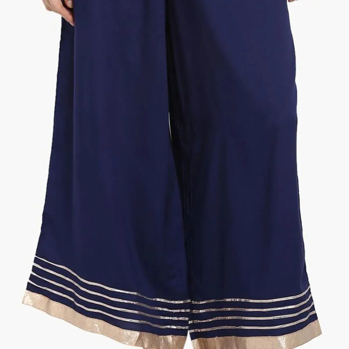 Alluring Dark Blue Fancy Palazzo With Golden Strip Border And Waistband Tassels