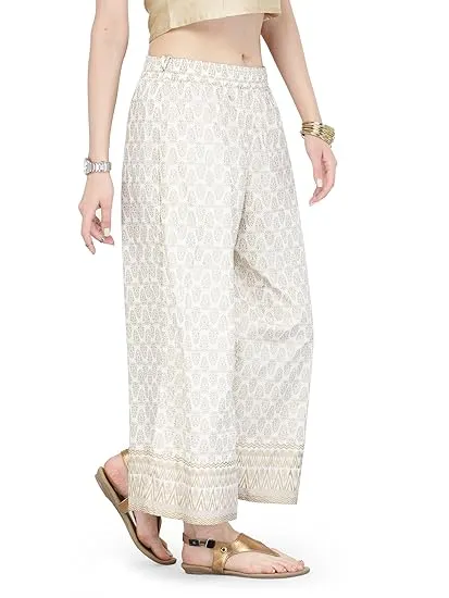 Beautiful White Palazzo Pants With Golden Myka Print