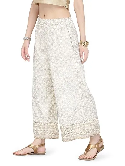 Beautiful White Palazzo Pants With Golden Myka Print