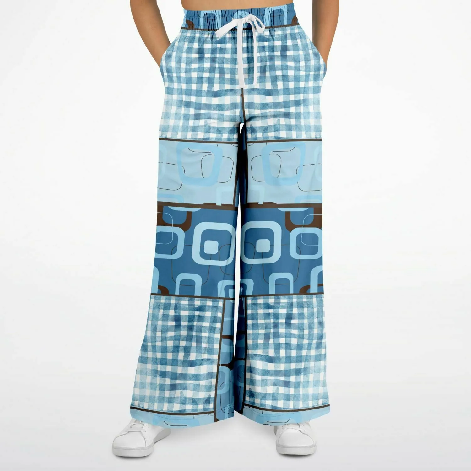 Blue Geo Patchwork Eco-Poly Stretchy Phat Bellbottoms