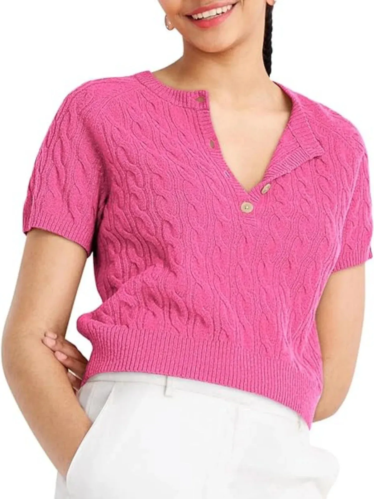 Button Crew Neck Elegant rendy Solid Color Knitted Sweater