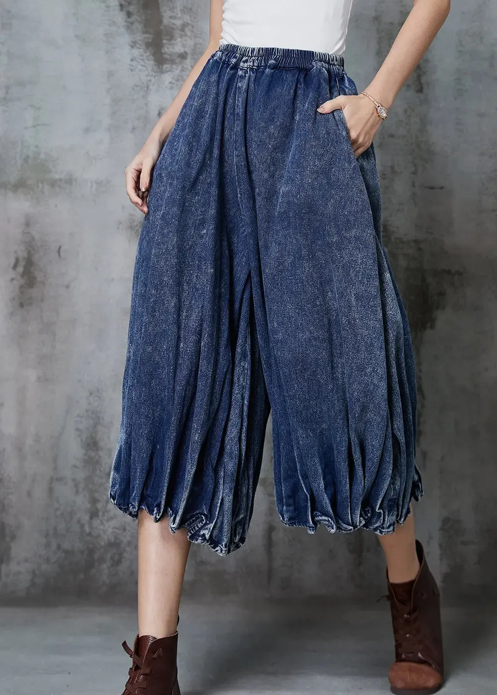 Casual Blue Oversized Wrinkled Denim Wide Leg Pants Spring JK1047