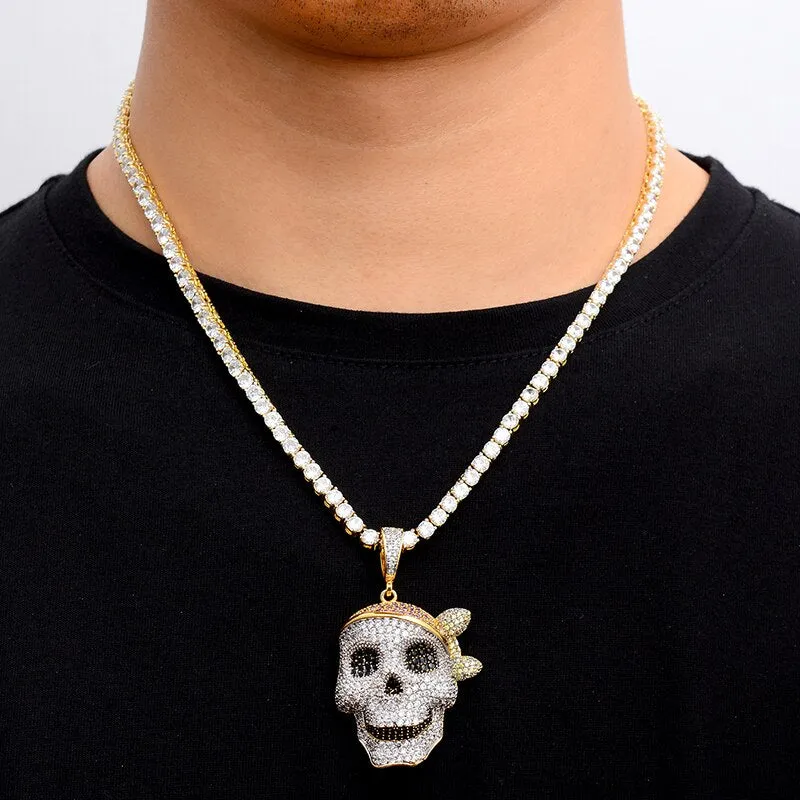 Cubic-Zirconia-Studded Pirate Skull Bling Hip-hop Pendant Necklace