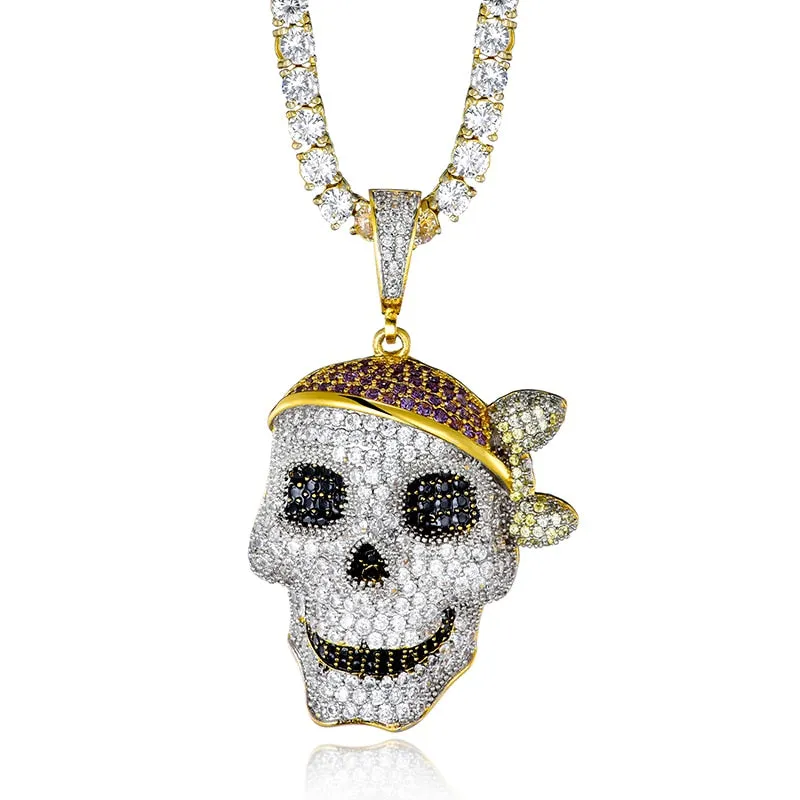 Cubic-Zirconia-Studded Pirate Skull Bling Hip-hop Pendant Necklace