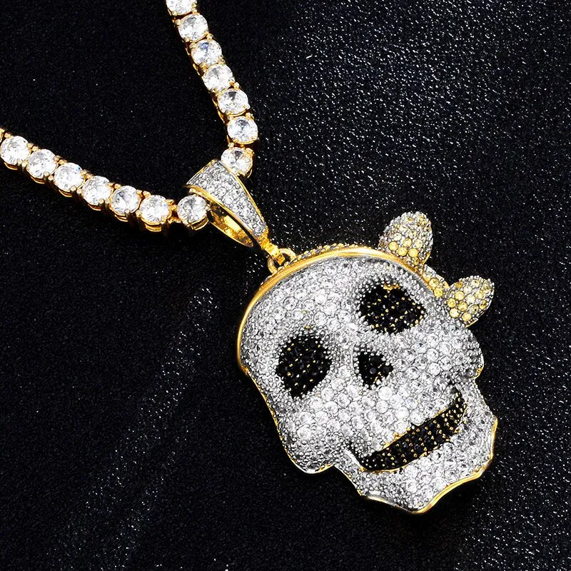 Cubic-Zirconia-Studded Pirate Skull Bling Hip-hop Pendant Necklace