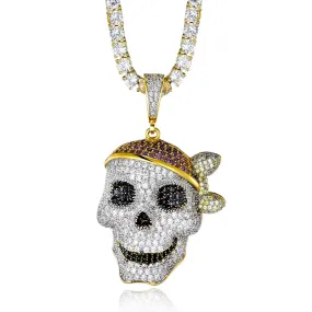 Cubic-Zirconia-Studded Pirate Skull Bling Hip-hop Pendant Necklace