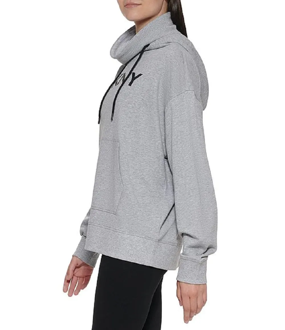 DKNY Sport Women's Face Mask Hooded Sweatshirt, Pearl Grey Heather, XL