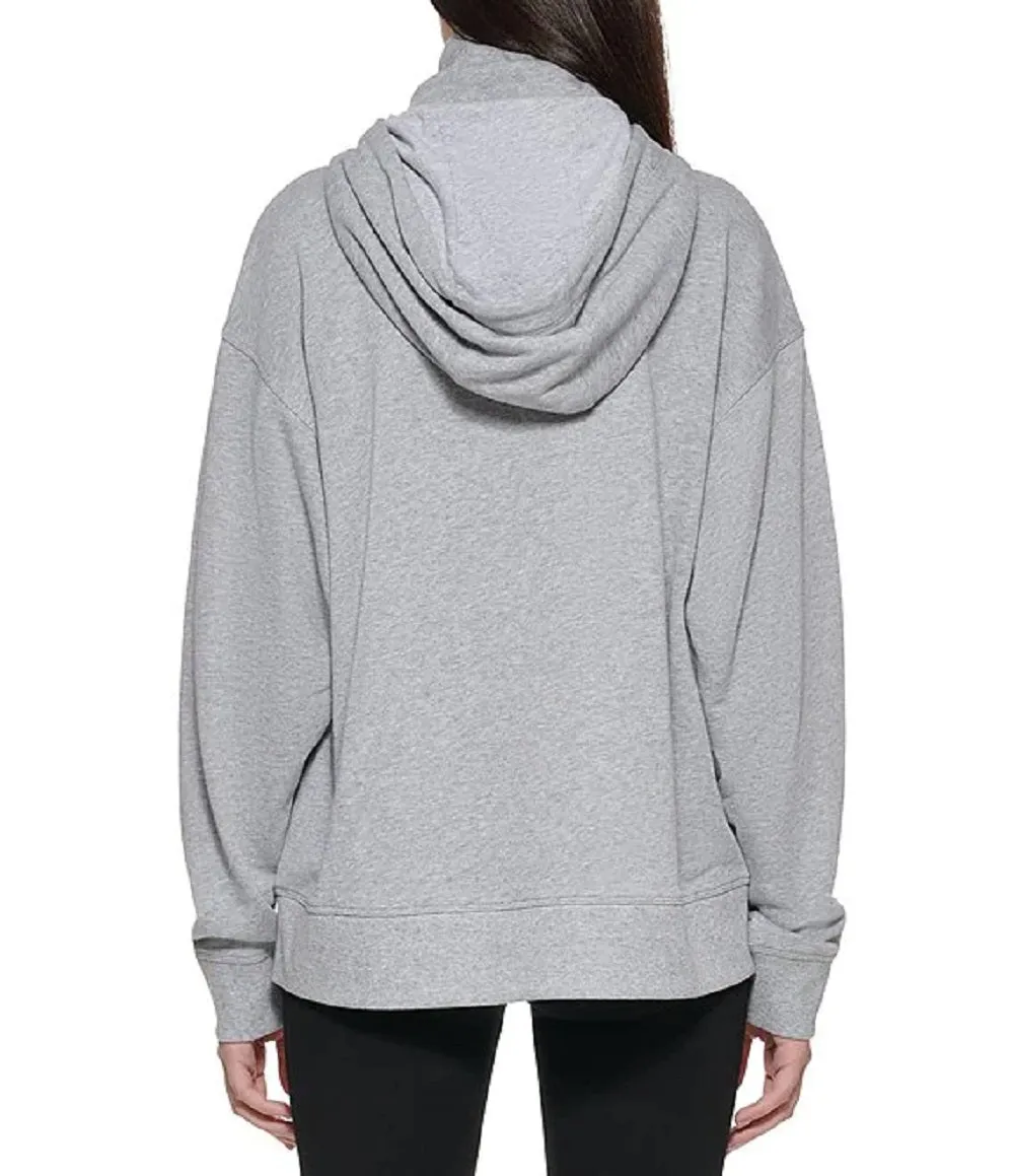 DKNY Sport Women's Face Mask Hooded Sweatshirt, Pearl Grey Heather, XL