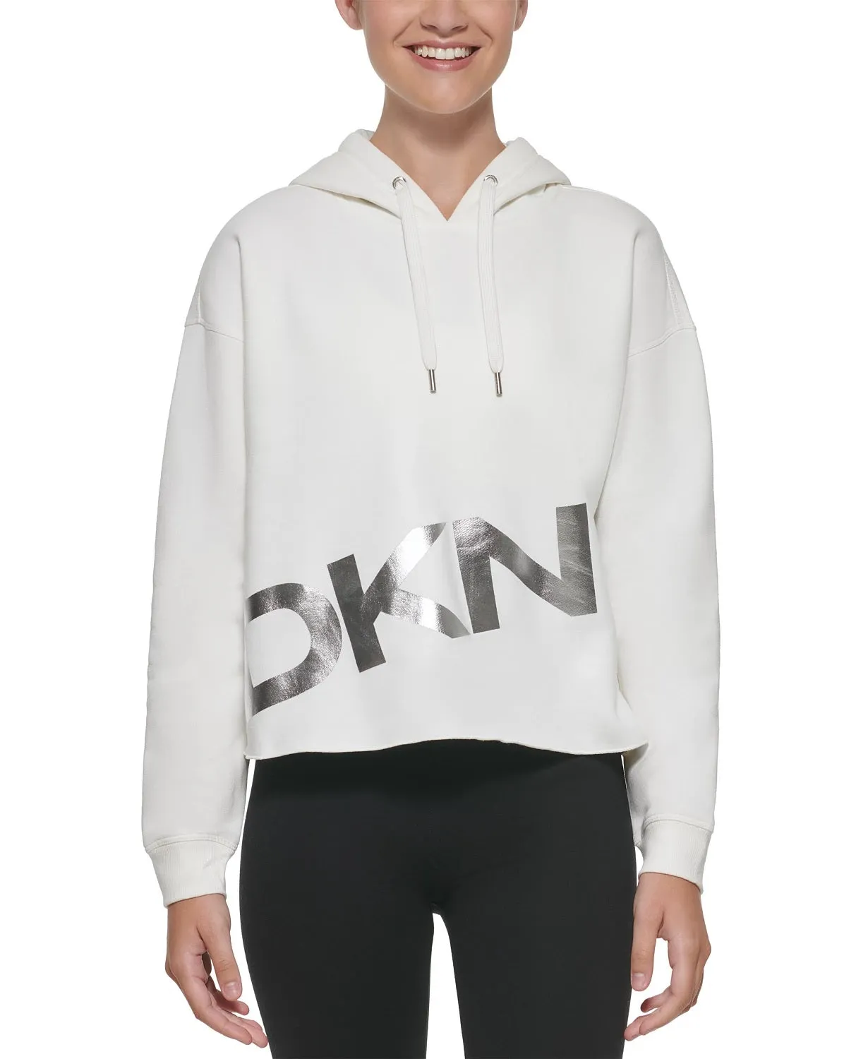 DKNY Sport Women's Metallic-Graphic Pullover Hoodie, Snow/silver, L