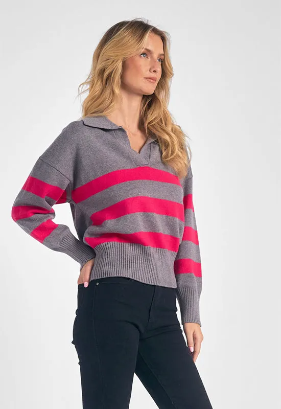 Elan - Collared V-Neck Sweater Grey Fucshia