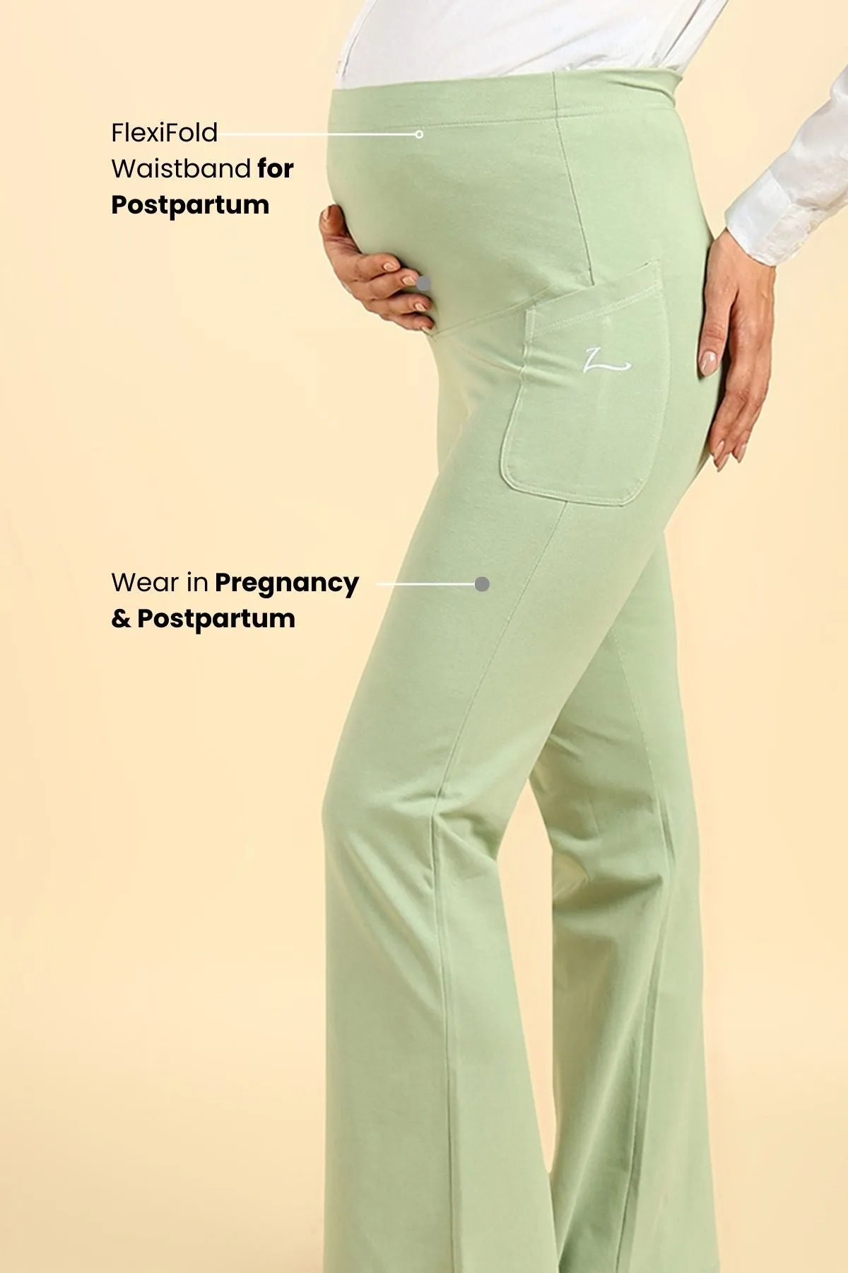 Fit & Flare Cotton Pistachio Green Maternity Pants (Pregnancy & Postpartum)