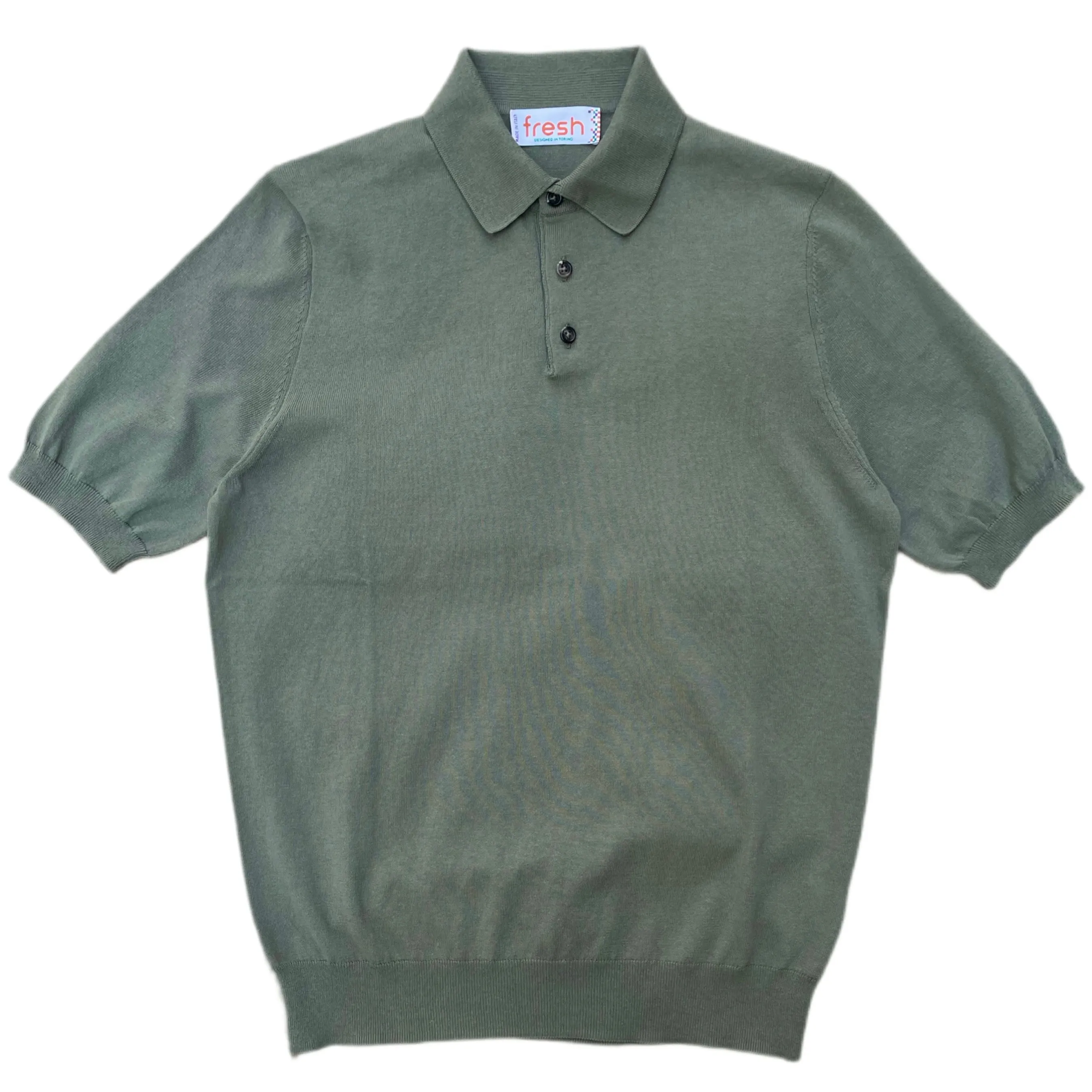 FRESH Extra Fine Crepe Cotton Knitted Polo In Olive Green