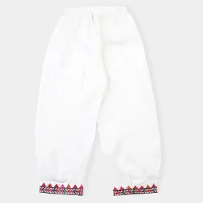 Girls Cotton Embroidered Pant-White