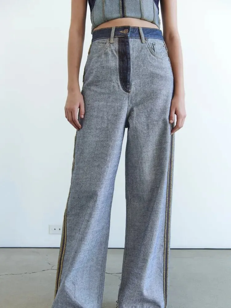 Inner Layer High-waisted Jeans Reverse Wear Design Wide-leg Loose