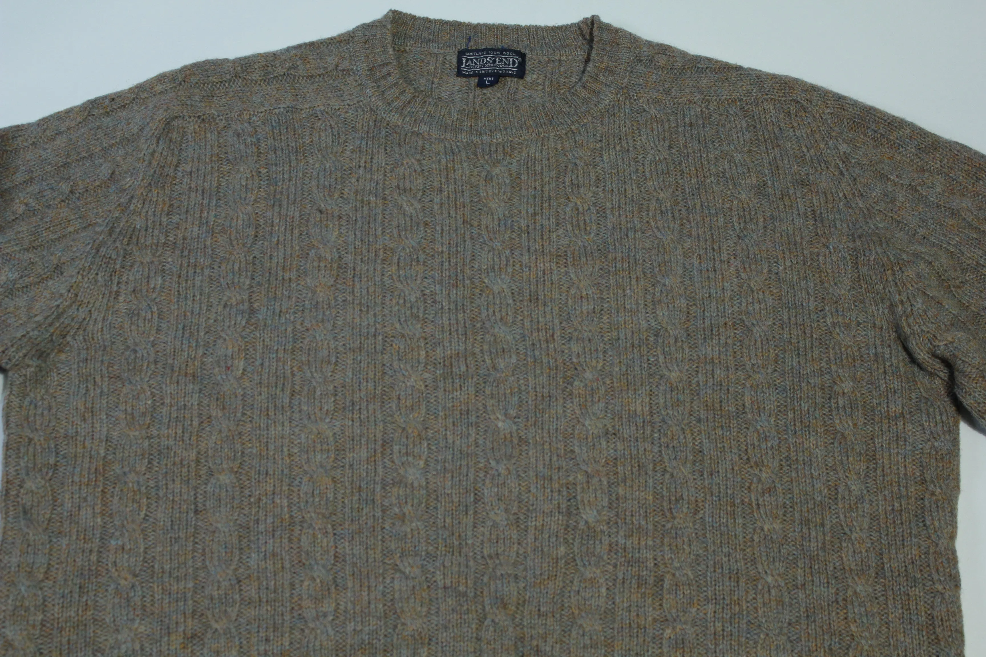 Lands End British Hong Kong Shetland Wool Vintage 80's Oatmeal Cabled Knit Sweater