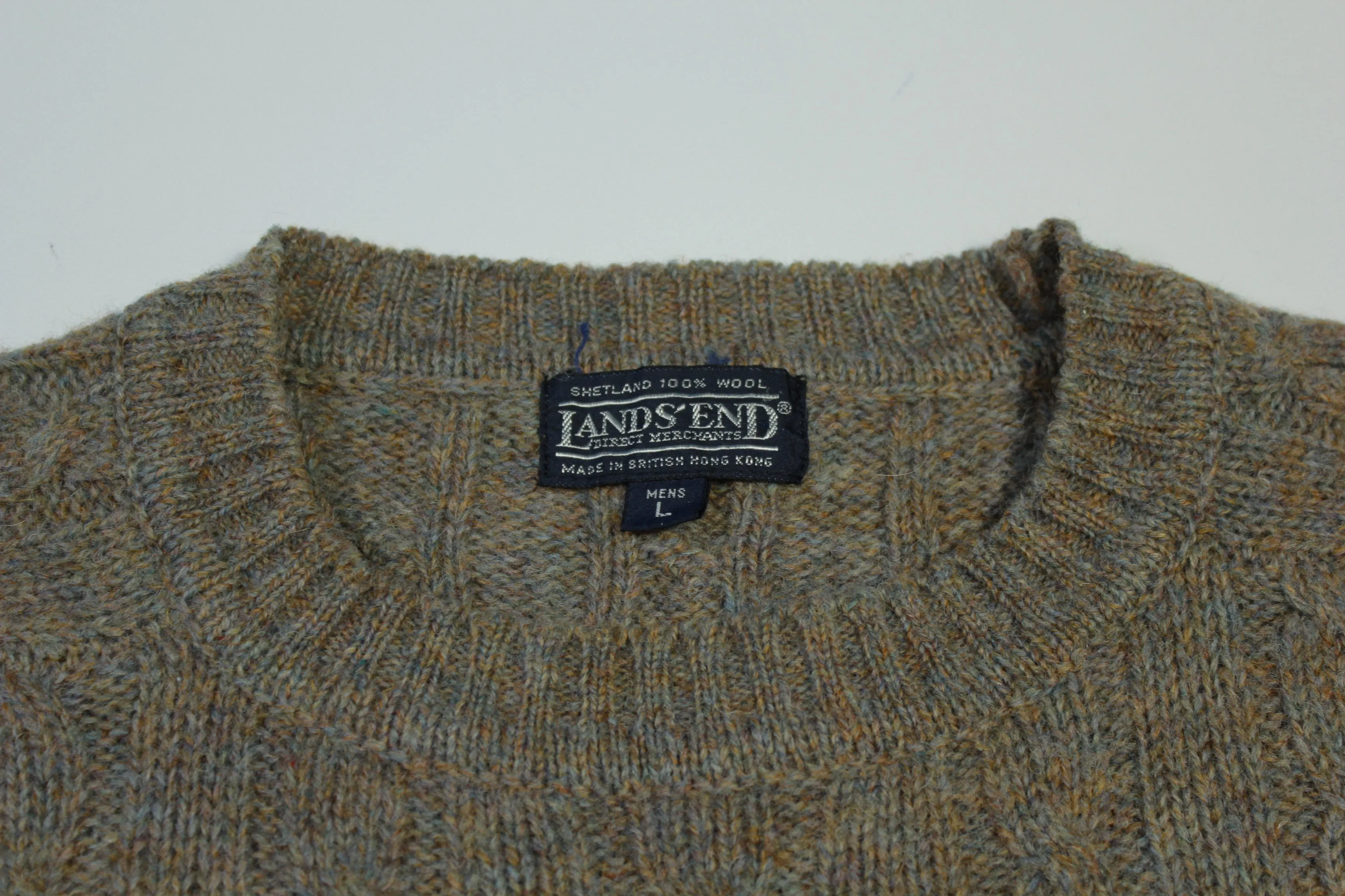 Lands End British Hong Kong Shetland Wool Vintage 80's Oatmeal Cabled Knit Sweater