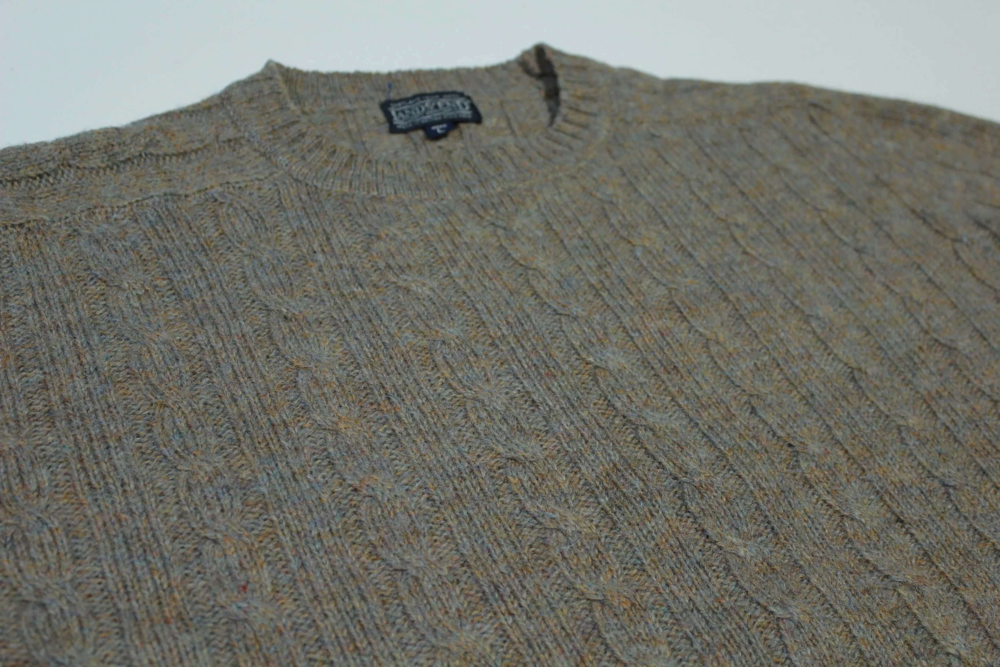 Lands End British Hong Kong Shetland Wool Vintage 80's Oatmeal Cabled Knit Sweater