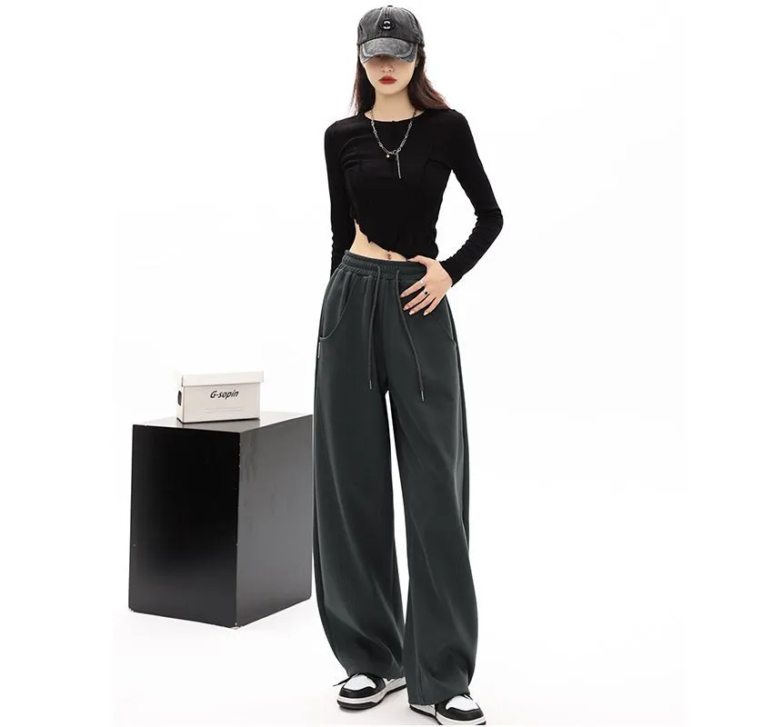 Mid-Waist Drawstring Pocketed Wide-Leg Plain Sweatpants dd22