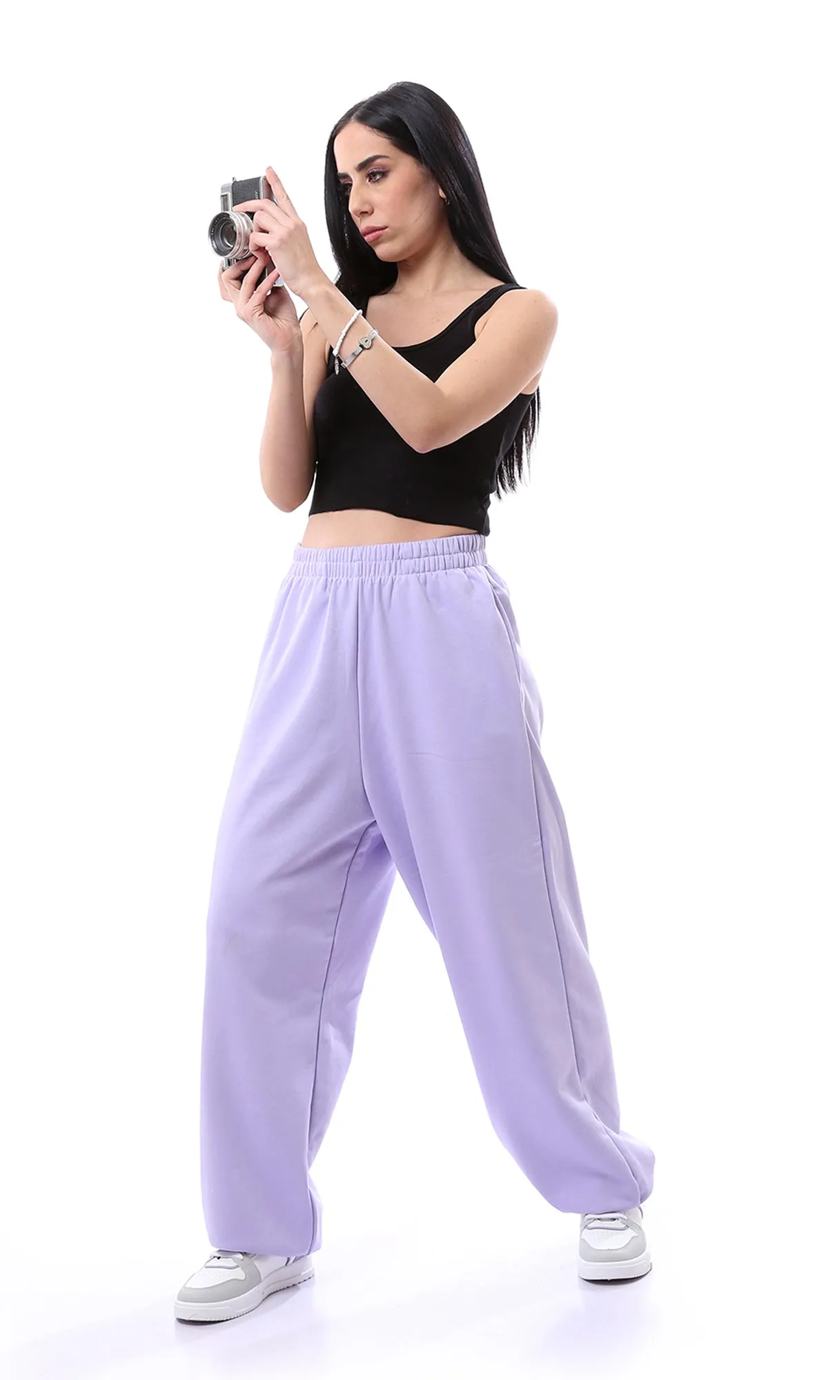 O165862 Elastic Waist Solid Lavender Sweatpants With Hem