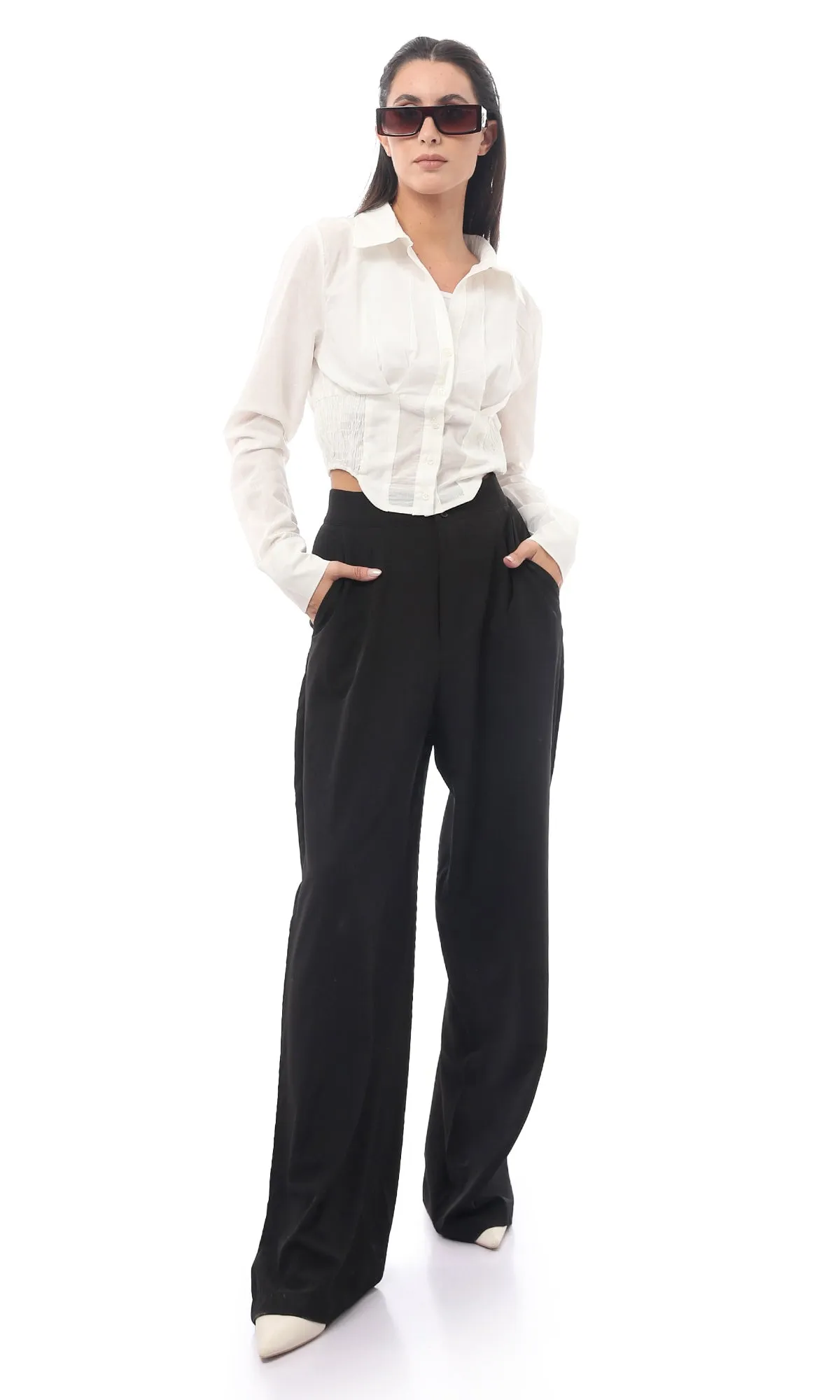 O170002 Fly Zipper Buttoned Black Polyester Trousers