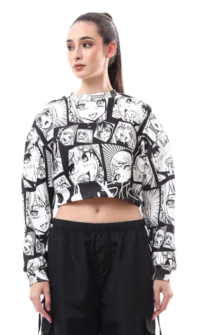 O173047 Black & White Patterned Cropped Sweatshirt With Hem