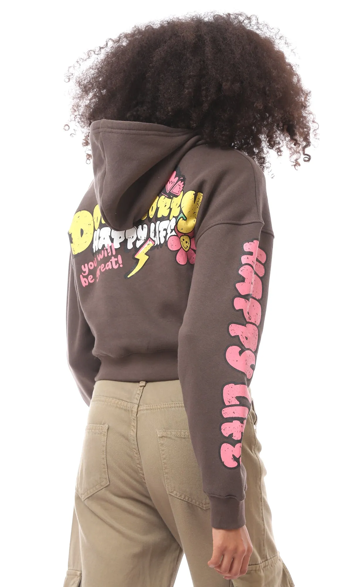 O174184 Dark Brown Printed Extra Fun Cropped Hoodie