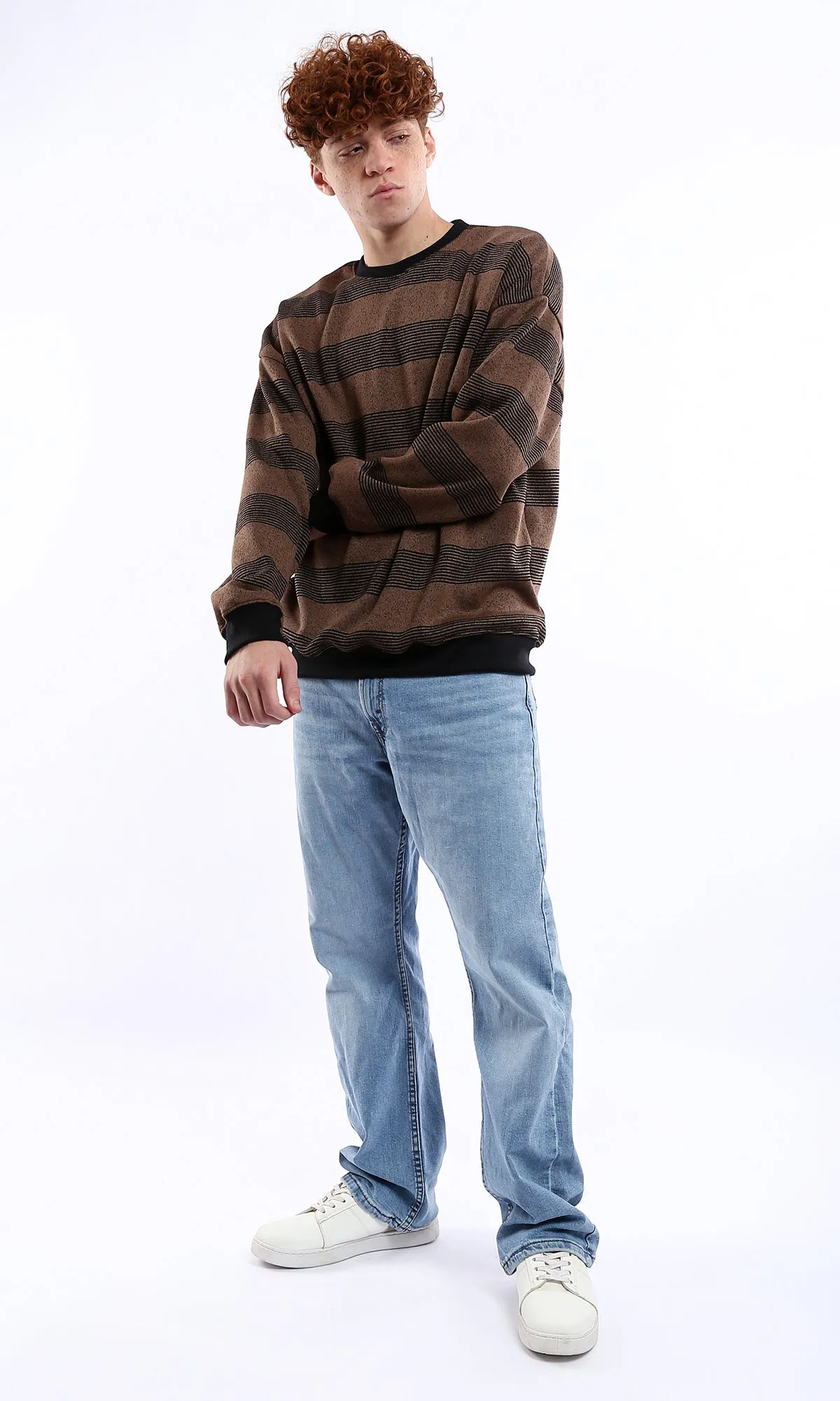 O177882 Light Brown & Black Striped Slip On Sweatshirt