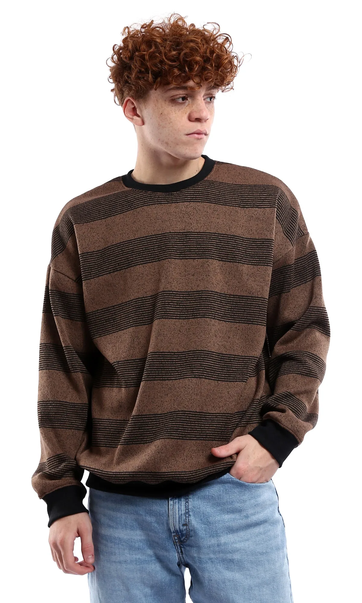 O177882 Light Brown & Black Striped Slip On Sweatshirt