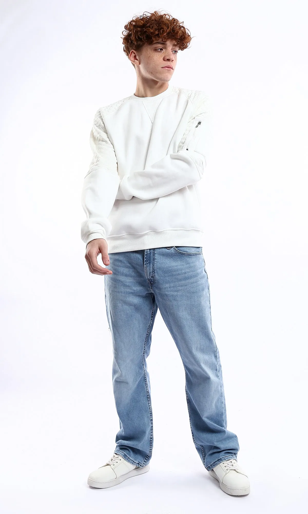 O178002 Off-White Self Pattern Sleeves Solid Sweatshirt