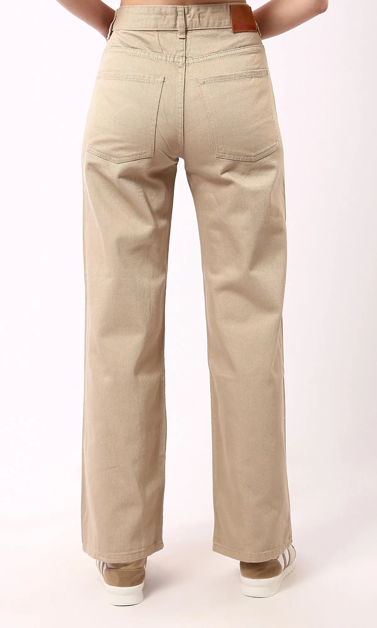 O189385 Beige Wide-Leg Casual Jeans With Pockets