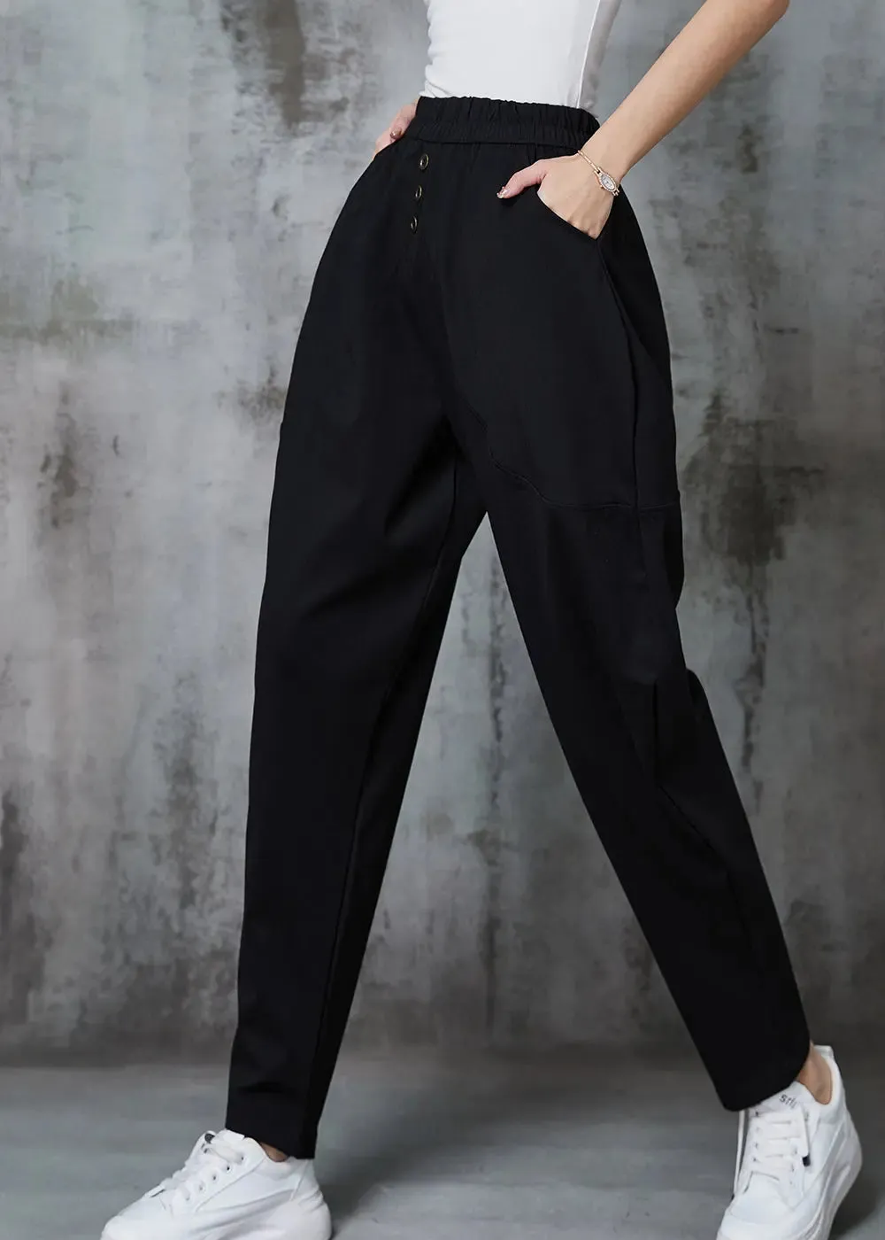 Plus Size Black Elastic Waist Cotton Harem Pants Spring JK1013