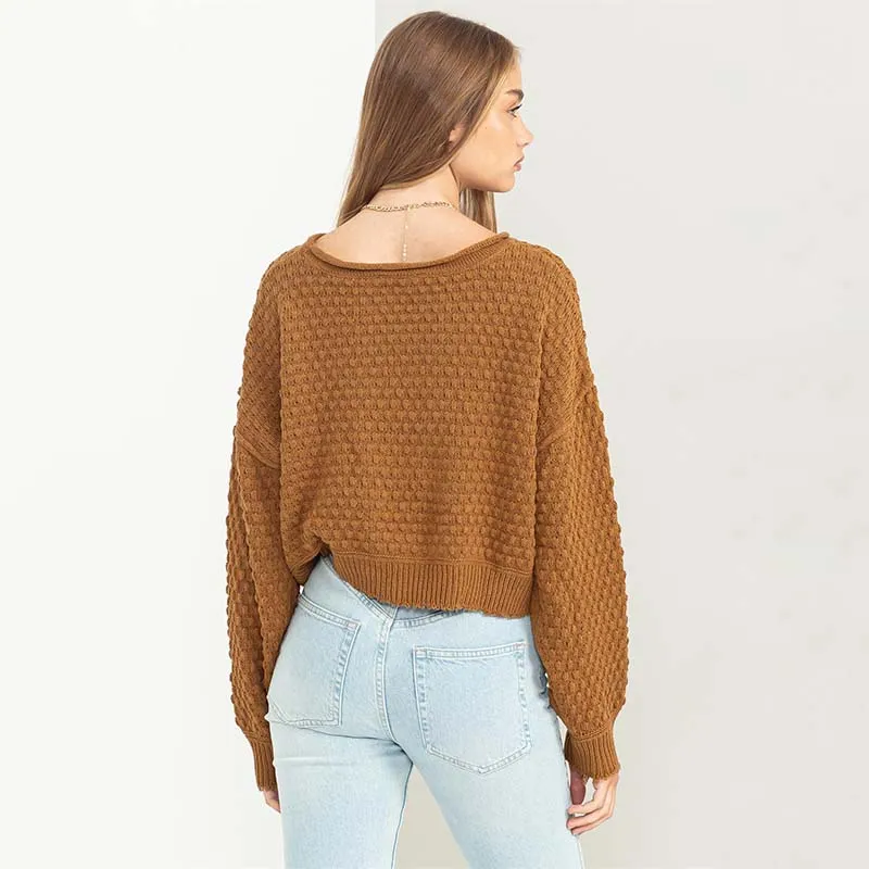 Pucker Open Neck Novelty Sweater