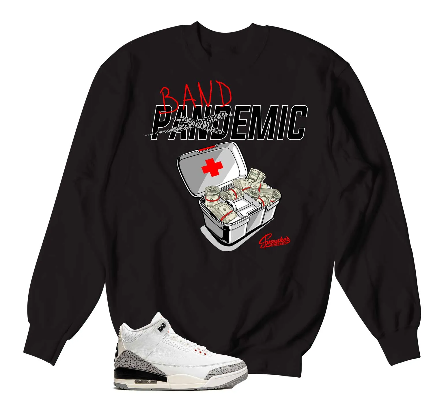 Retro 3 White Cement Reimagined Sweater - Bandemic - Black