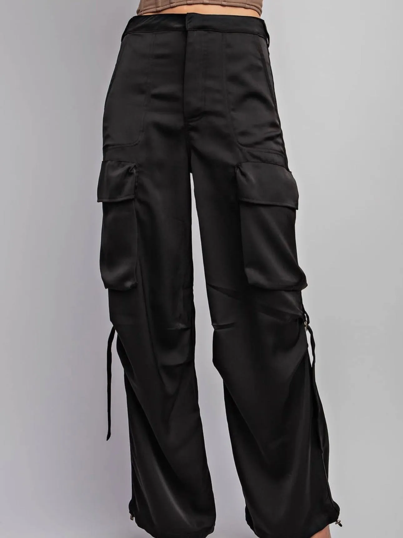 Satin Cargo Pants with Drawstring Hem | Black