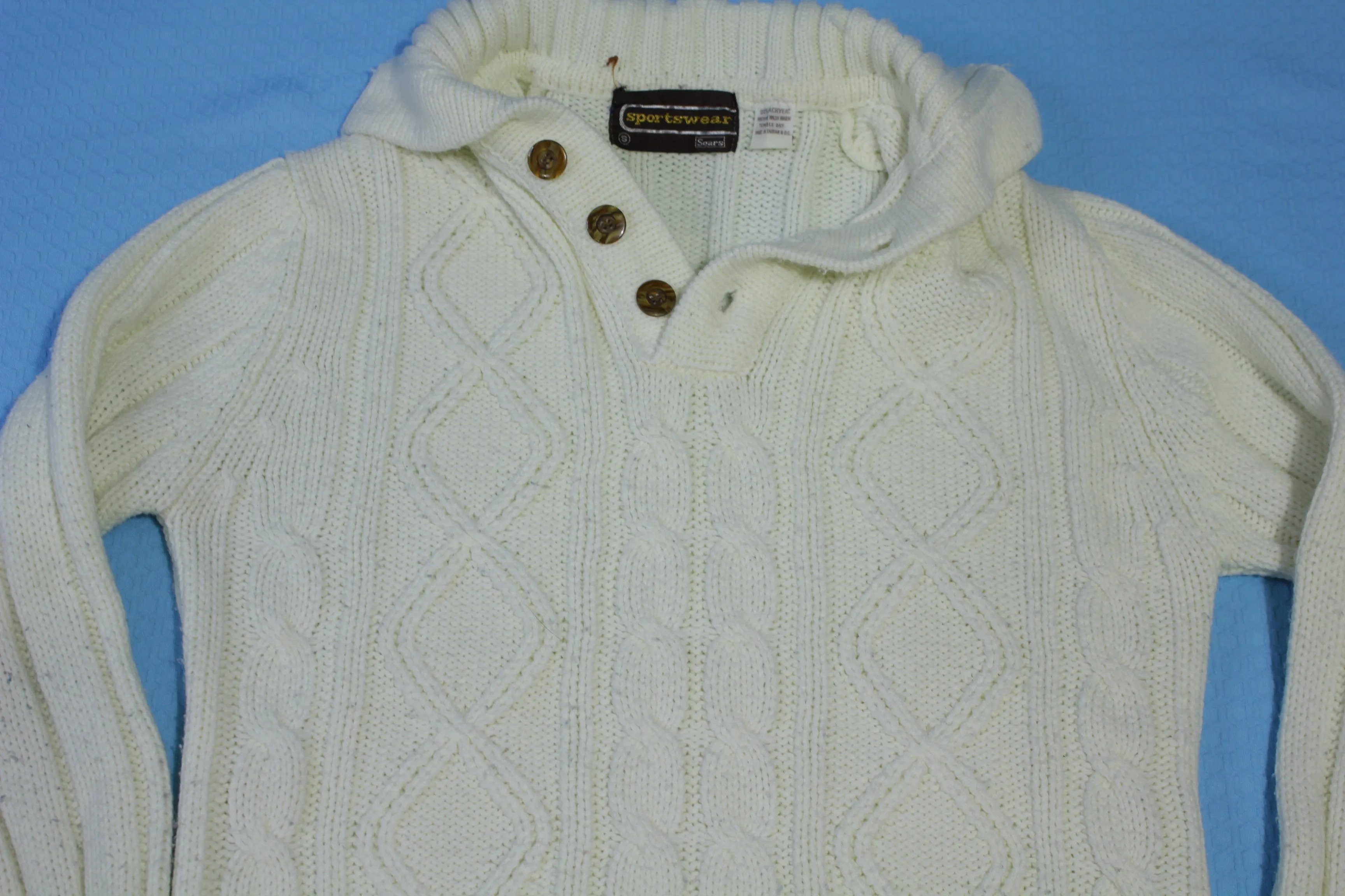 Sears Sportswear Henley 3 Button Vintage 80's Cabled Knit Sweater