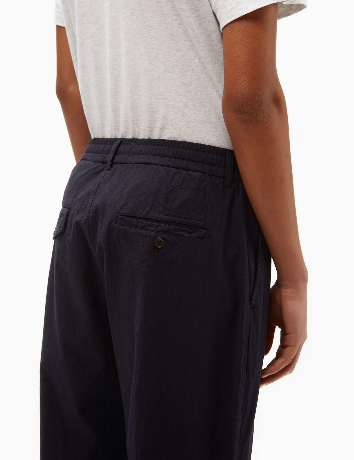 Universal Works Pleated Track Pant (Seersucker) - Navy Blue